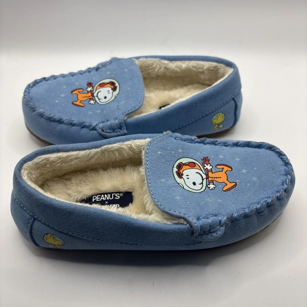Lands' End Slippers Youth 12 Blue Peanuts Snoopy Woodstock Fur Glow In The Dark‎